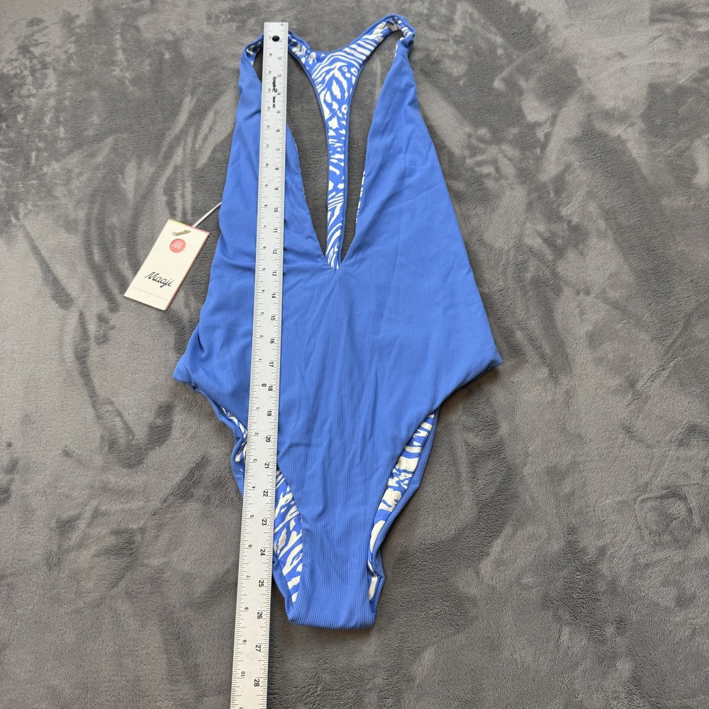 Maaji‎ Swimsuit Womens Large Blue Reversible One Piece Plunge Ribbed Tropical - Picture 2 of 16